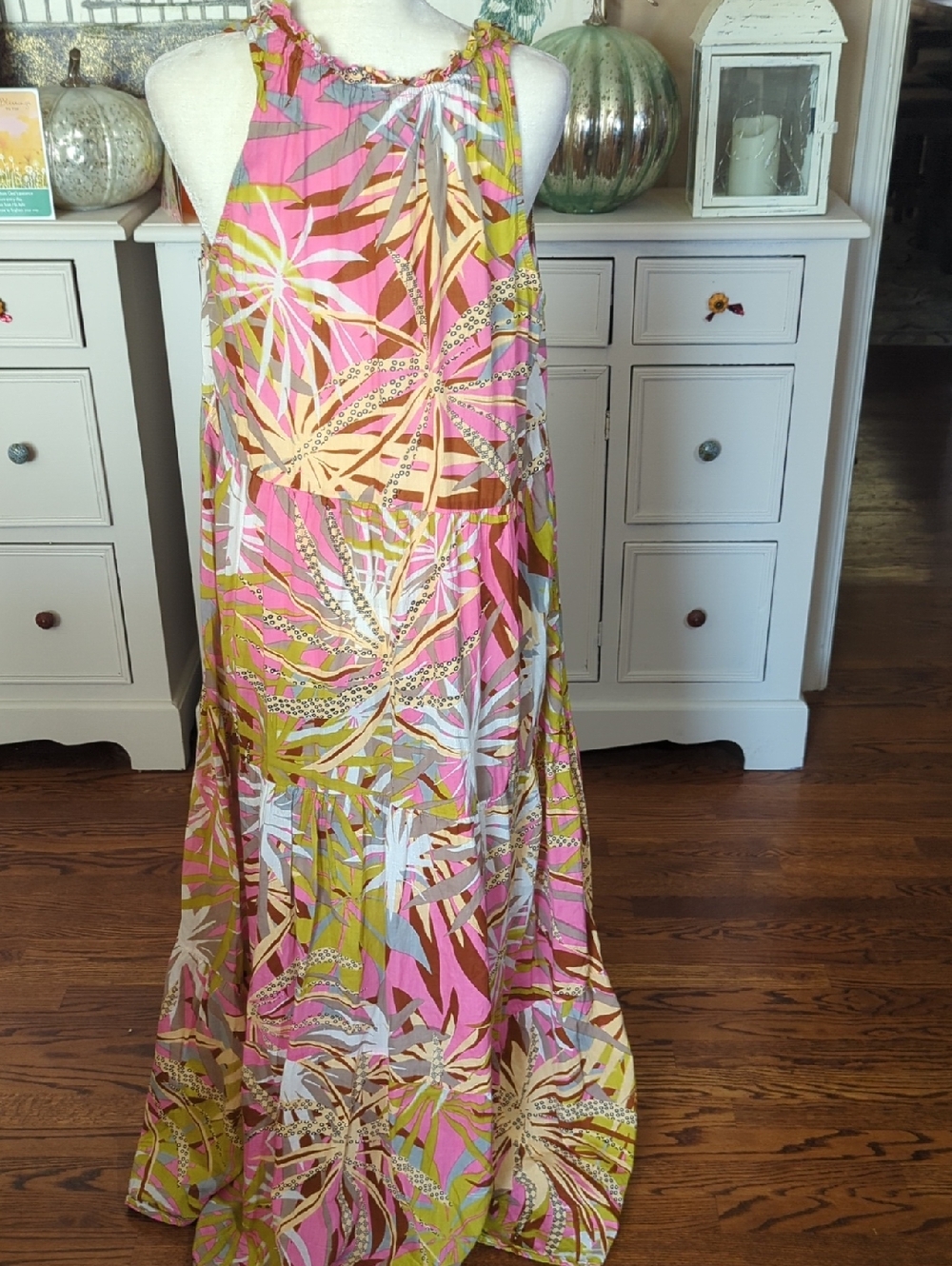 Sleeveless Pink & Yellow Tropical Floral Tiered Maxi Dress Boho Sz Halter XL - Picture 5 of 9